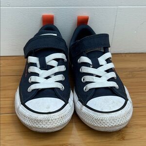 Kids Navy Converse Sneakers with White Laces and Orange Heel Loop